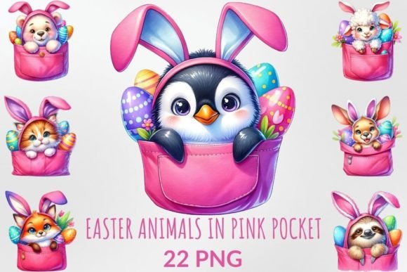 Download Easter Animals Peeking from Pink Pockets - Animal Collection